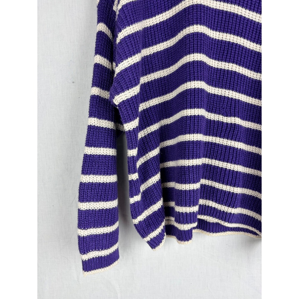 Chaus Sport L Purple White Striped Oversized Chunky Knit Crewneck Sweater - Picture 6 of 14